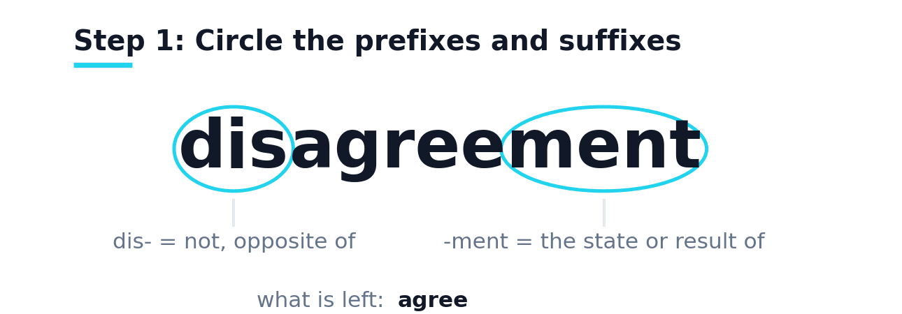 The word disagreement with dis and ment circled. Dis means not or opposite of, ment means the state or result of, and what is left is agree.