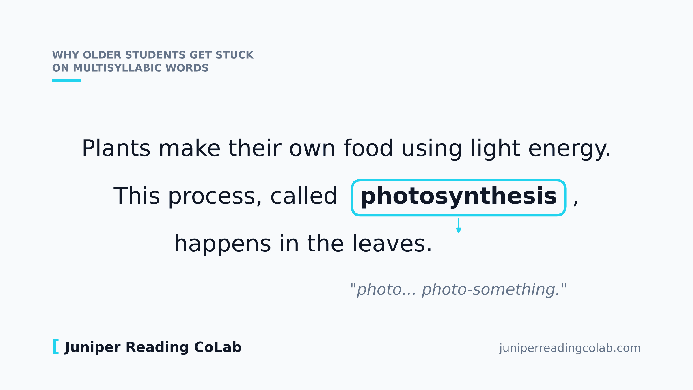 A textbook sentence with photosynthesis circled: eleven familiar words, then the one that stops him, and the mumbled photo-something underneath