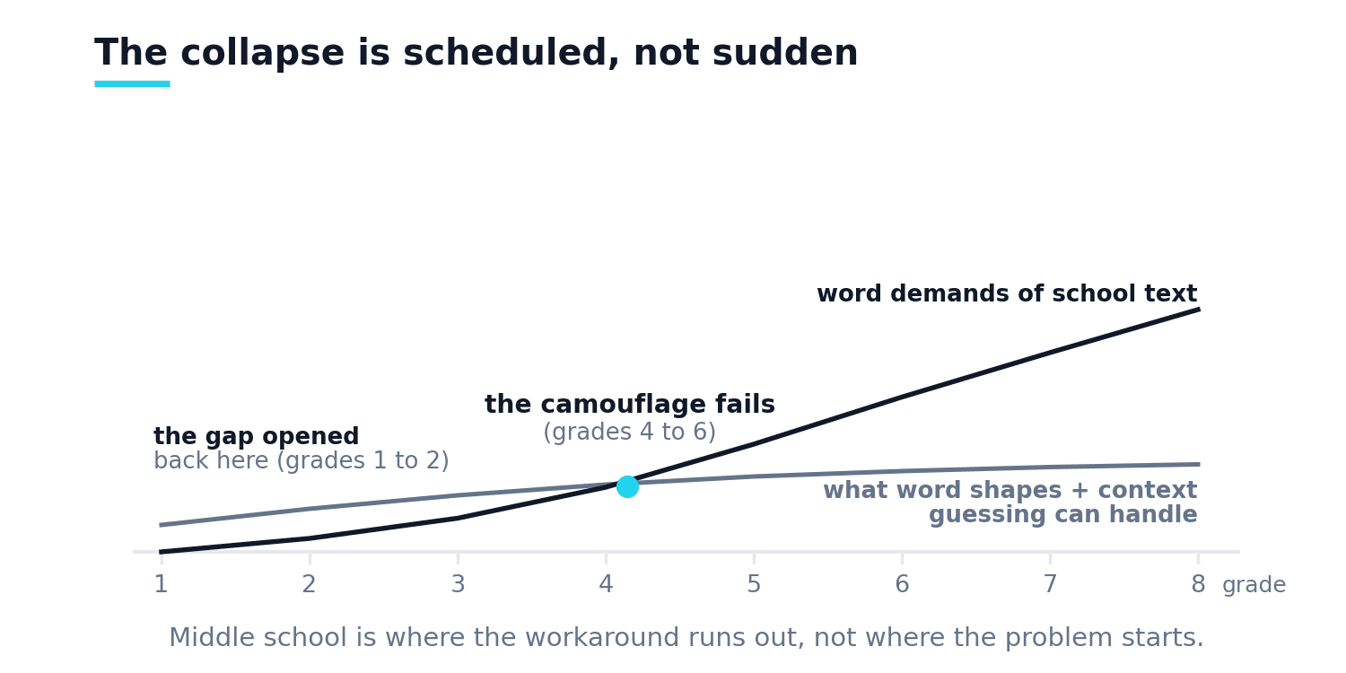 Two lines across grades 1 to 8: what word shapes and context guessing can handle rises slowly while word demands of school text rise steeply, crossing in the grade 4 to 6 window where the camouflage fails