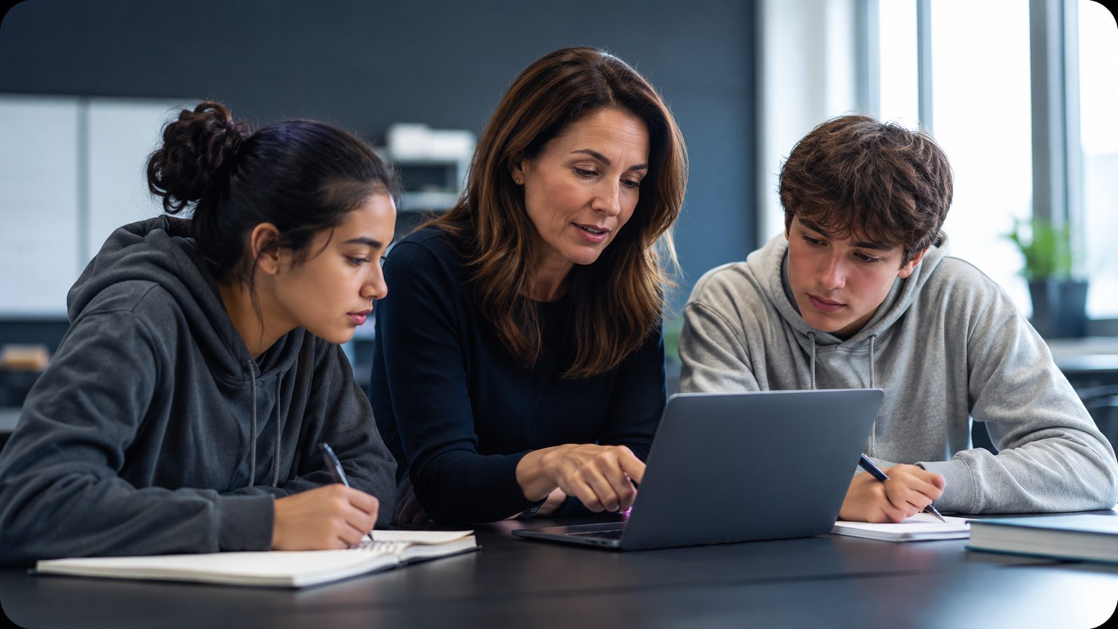 Teacher guiding two older students through a lesson on a laptop during small-group instruction